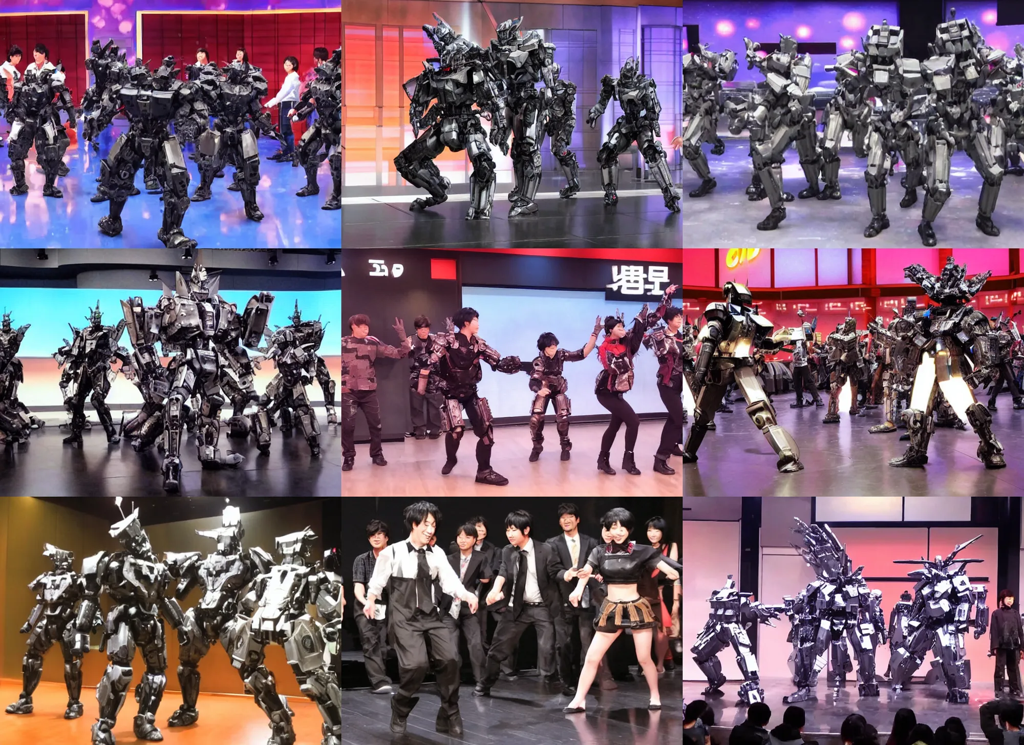 Prompt: an armored core dancing on the stage at japanese funny tv show