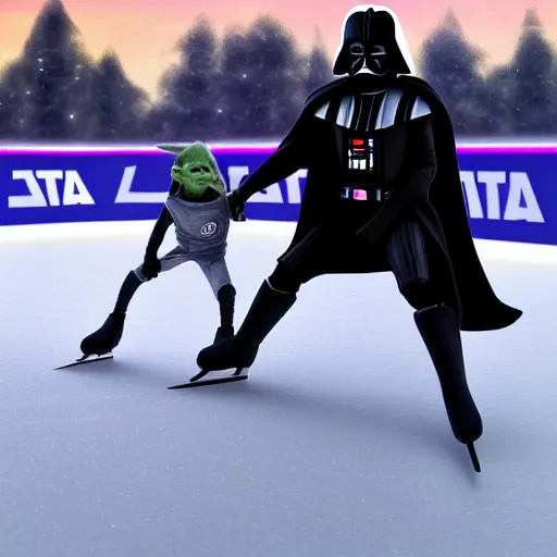 Image similar to photo of Darth Vader and Yoda ice skating together, having a great time, ultra photorealistic, 8k, artstation
