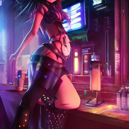 Image similar to Anime Girl in a cyberpunk city bar, full body, beautiful face, fantasy, medieval, vivid colors, elegant, concept art, sharp focus, digital art, Hyper-realistic, 4K, Unreal Engine, Highly Detailed, HD, Dramatic Lighting by Brom, trending on Artstation