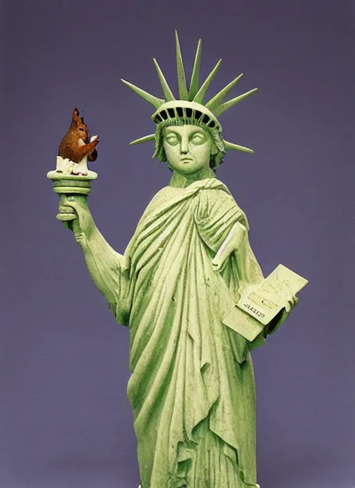 Image similar to A marble statue of a squirrel as a statue of liberty, holding an acorn in it's hand, museum photo