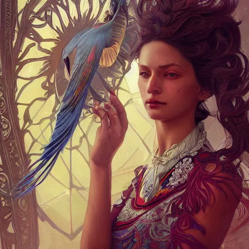 Image similar to quetzal, intricate, elegant, highly detailed, digital painting, artstation, concept art, matte, sharp focus, illustration, art by Artgerm and Greg Rutkowski and Alphonse Mucha