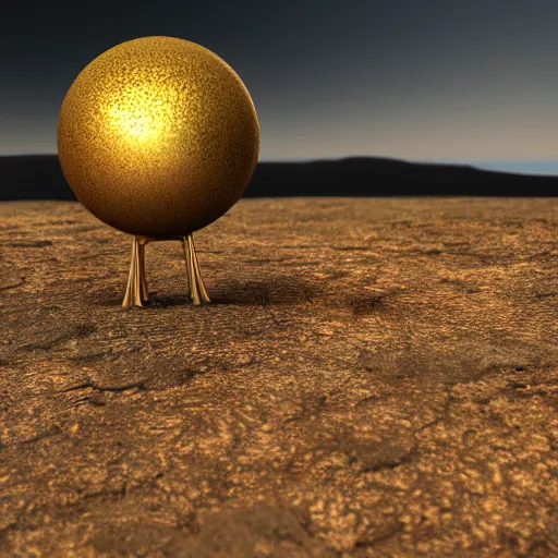 Image similar to A huge golden mate sphere hovering at ground level on bizarre planet. digital render. cinematic lighting. hyper realistic. 8k. detailed. hyper realism. photorealism. dark background. cinematic photography. artstation. H-350 W-350