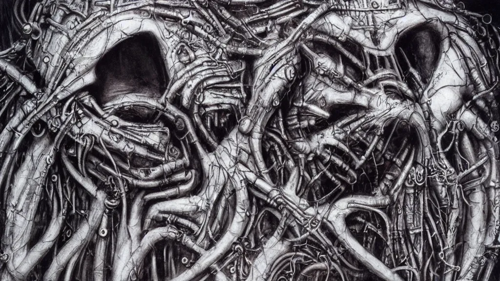 Prompt: Heart of the internet, style of Giger, H. R. GIGER, 4K, highly detailed