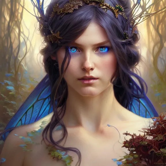 Image similar to Portrait of fairy woman, D&D, blue eyes, face, fantasy, intricate, elegant, highly detailed, digital painting, artstation, concept art, smooth, sharp focus, illustration, art by artgerm and greg rutkowski and alphonse mucha