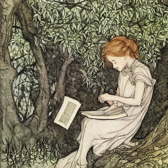 Image similar to a detailed, intricate watercolor and ink portrait illustration with fine lines of young 1 4 year old scarlett johannson happily reading under a tree, by arthur rackham and edmund dulac and lisbeth zwerger