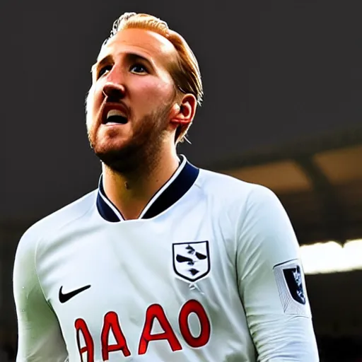Image similar to photograph of harry kane with a gigantic chin, his chin goes all the way to the floor