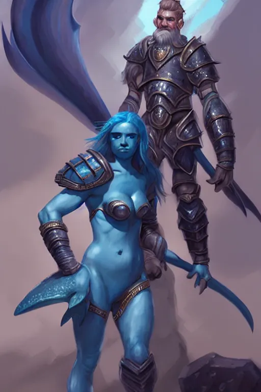 Prompt: a small blue-skinned triton girl wearing scale armor riding on a the shoulders of a large male goliath wearing fur and leather armor, dnd concept art, painting by ross tran and Tyler Jacobson