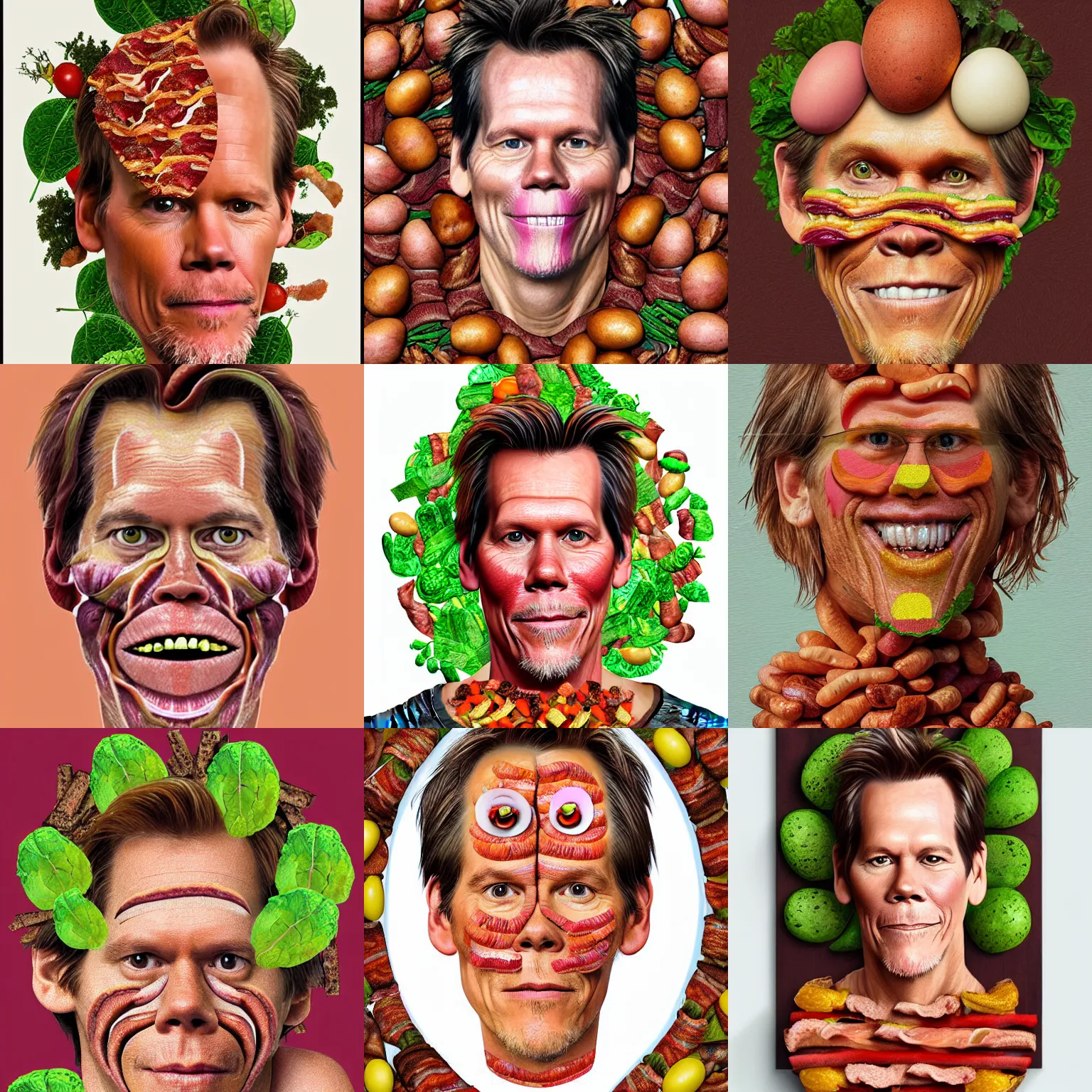 Prompt: kevin bacon made of eggs and 🥓 bacon and vegetables, digital painting by arcimboldo