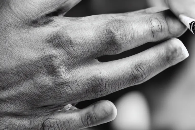 Image similar to Close-up of thin soft hand, hand with cigarette with smoke, hand with five fingers, hyper realistic, high details, photo, super resolution