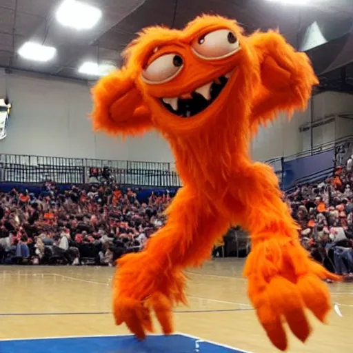 Prompt: a majestic friendly orange monster made of basketballs by pixar consumes a puny winpy cowboy at a basketball court