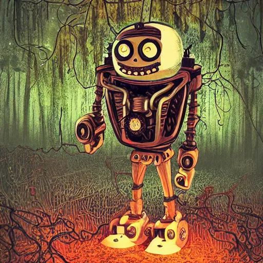 Prompt: mechanical_steampunk_robot_with_large_head_and_glowing_eyes_in_haunted_swamp_surrounded_by_dense_forest_with_vines_hanging_from_trees_creepy_a_-W_1024_-n_9_-i