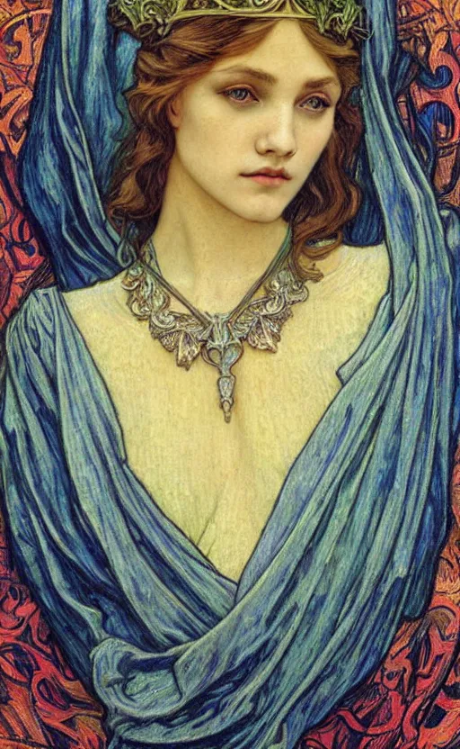 Image similar to detailed realistic beautiful young medieval queen face portrait by jean delville, alphonse mucha, vincent van gogh, and marco mazzoni, art nouveau, symbolist, visionary, gothic, pre - raphaelite