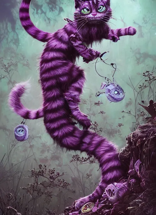 Image similar to cheshire cat, nice, friendly, highly detailed, cinematic, 8 k, by megan duncanson, benjamin lacombe, stanley artgermm, tom bagshaw, craig mullins, carne griffiths, ayami kojima, beksinski, giger, trending on deviantart, hyper detailed, horror, full of colour