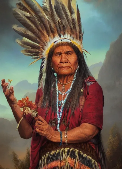 Prompt: a beautiful painting of an indigenous grand-mother, matte painting, fantasy art, highly detailed