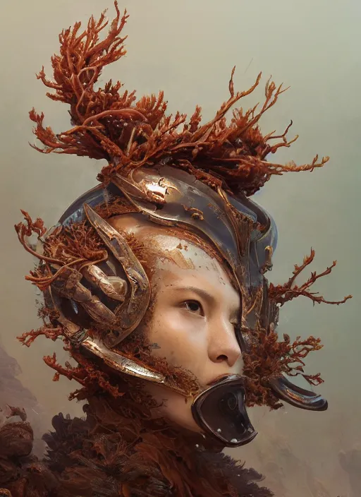 Image similar to Helmet of a forgotten Deity, ivory, copper cables, corals, plume of seaweed, extremly detailed digital painting, in the style of Fenghua Zhong and Ruan Jia and jeremy lipking and Peter Mohrbacher, mystical colors, rim light, beautiful lighting, 8k, stunning scene, raytracing, octane, trending on artstation