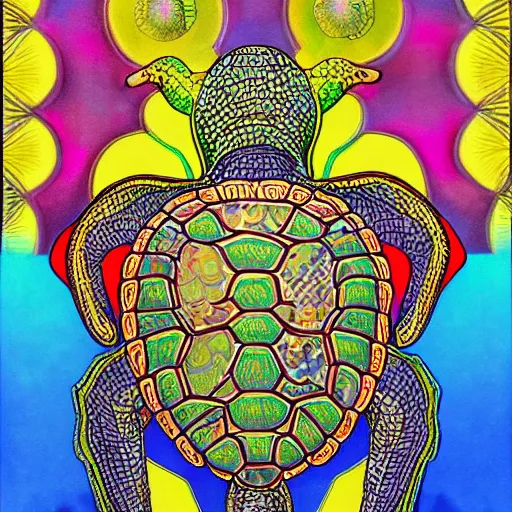 Prompt: turtle sparrow crystal apotheosis, in the style of alex grey and maxfield parish,