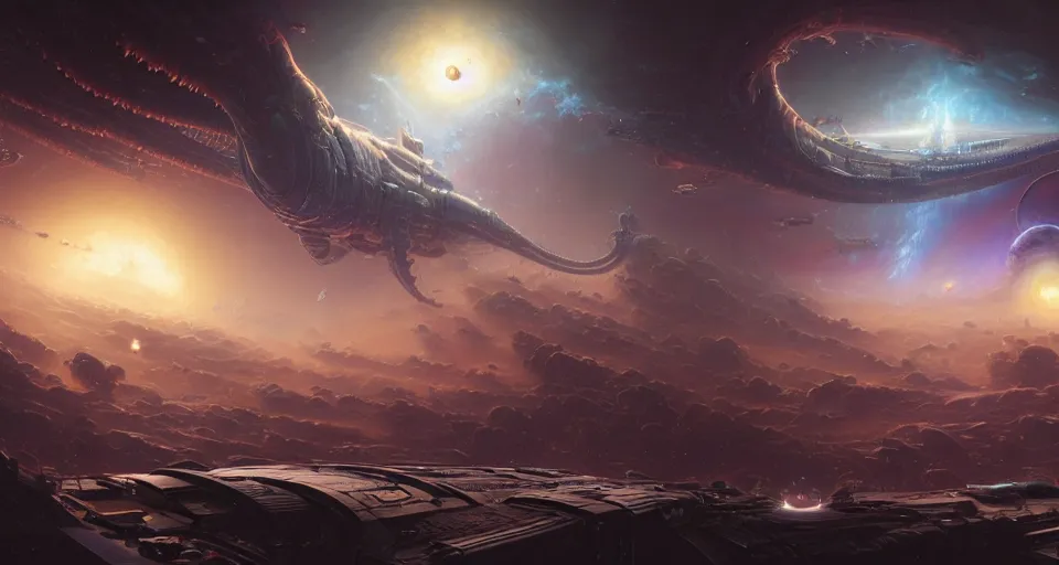 Prompt: highly detailed digital matte painting of a gargantuan cosmic leviathan attacking a space station, by peter mohrbacher and raphael lacoste and ruan jia and robert mccall and justin gerard, nebula tentacles, alien lifeform, cybernetic organics, terran spacestation, postcyberpunk, wide shot, volumetric lighting, octane render, 8