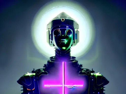 Image similar to a gray faceless figure, ascended, robot wizard, NPC with a saint\'s halo, saintly halo behind their head made of neon filigree, consulting the cyber oracle of all knowledge, at the end of time, in an esoteric ritual exchange of physical code, 8k, 4k, unreal 5, DAZ, trending on artstation, octane render, abstract painting, bright blue future