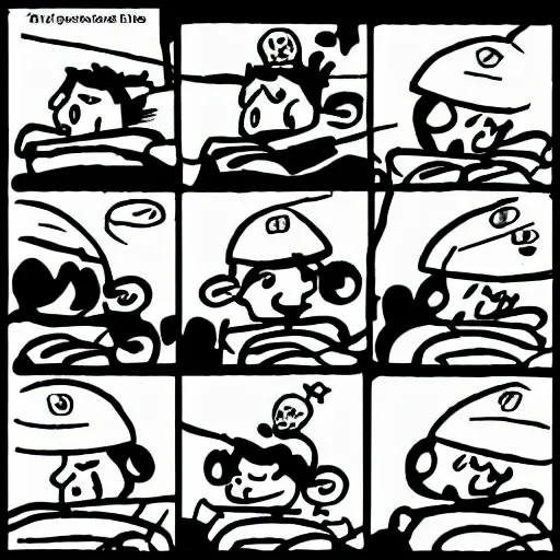 Prompt: black and white comic strip made by a 4 year old kid