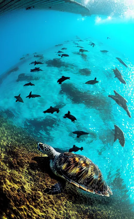 Image similar to lots of sea turtles swimming in the ocean, wide angle shot by greg rutkowski