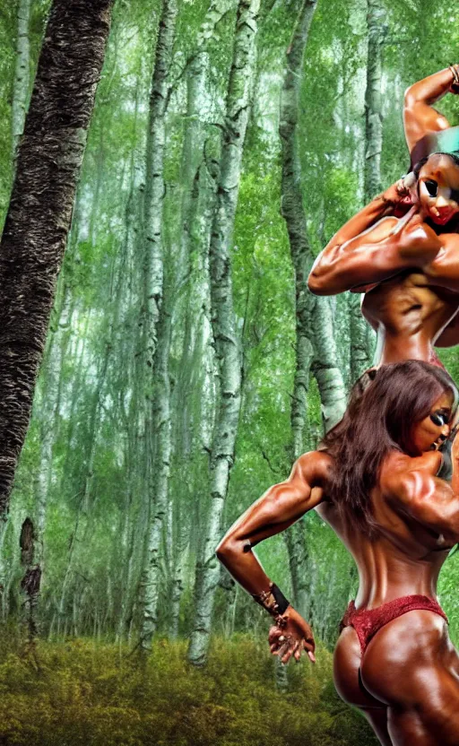 Image similar to photo of superbodybuilder woman posing standing with back in birch forest in jeff koons hip hop bauhaus style, beautiful detailed face, ultra realistic, concept art, intricate details, serious, highly detailed, photorealistic, octane render, 8 k, unreal engine, natural light, art by todd mcfarlane