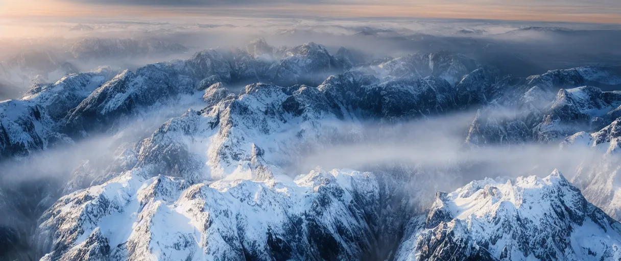 Prompt: a photorealistic breathtaking aerial view of the eastern snow covered alps mountain range at sunrise, cliffs, volumetric light, haze, fog, snow, hyperrealism, rock edge, highly detailed, intricate, cinematic, front facing camera, cinematic, epic lighting, 8 k