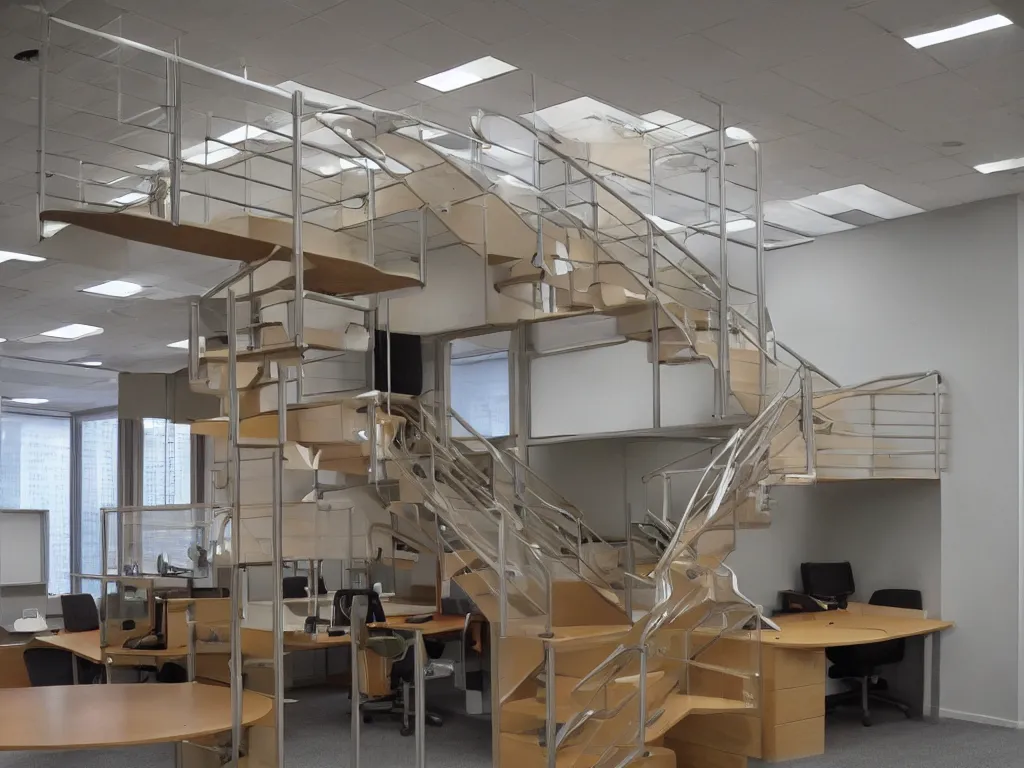 Image similar to 9 0 s cubicle office with stairs made of tables chairs
