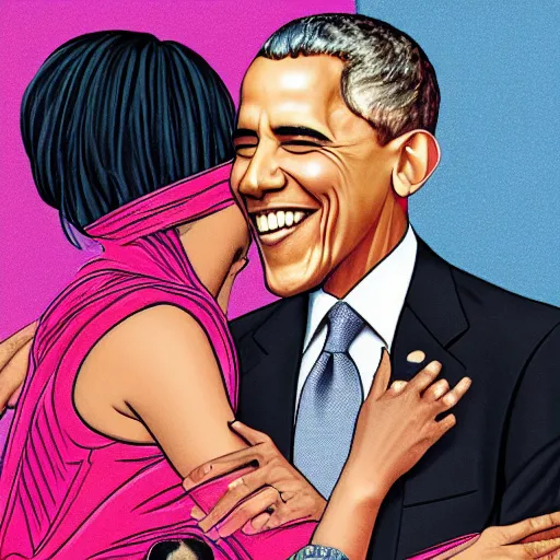 Image similar to barack obama hugging nicki minaj from behind, highly detailed illustration