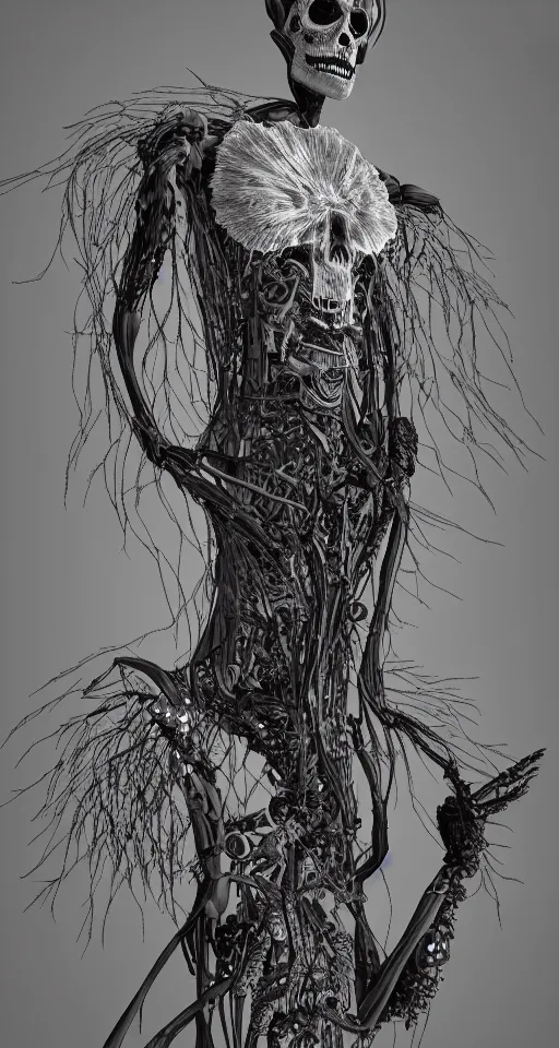 Prompt: cinema 4d dark render, organic, ultra detailed, of a painted realistic grim reaper with growing sunflowers, bio mechanical cyborg, analog, macro lens, beautiful natural soft rim light, smoke, veins, neon, winged insects and stems, roots, fine foliage lace, black and white details, art nouveau fashion embroidered, intricate details, mesh wire, computer components, anatomical, facial muscles, cable wires, elegant, hyper realistic, in front of dark 8k post-production
