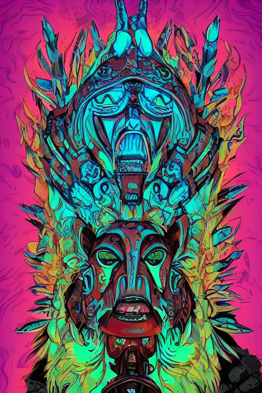 Image similar to totem animal tribal chaman vodoo mask feather gemstone plant wood rock video game illustration vivid color borderlands by josan gonzales and dan mumford radiating a glowing aura