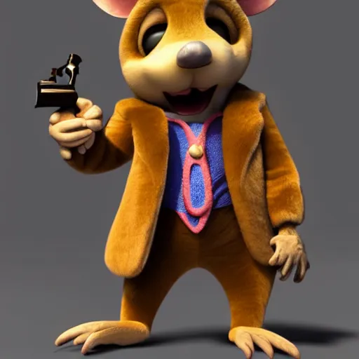 Image similar to 3d anthropomorphic rat, disney pixar, holding tommy gun, velvet, fur coat, high quality, golden necklace, fendi, high fashion