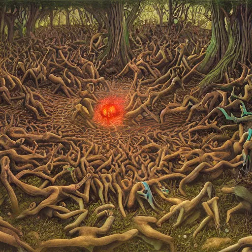 Image similar to crouching demons forming a circle in the woods, by Dan Seagrave and by Dan Witz, glossy digital painting, 8k resolution