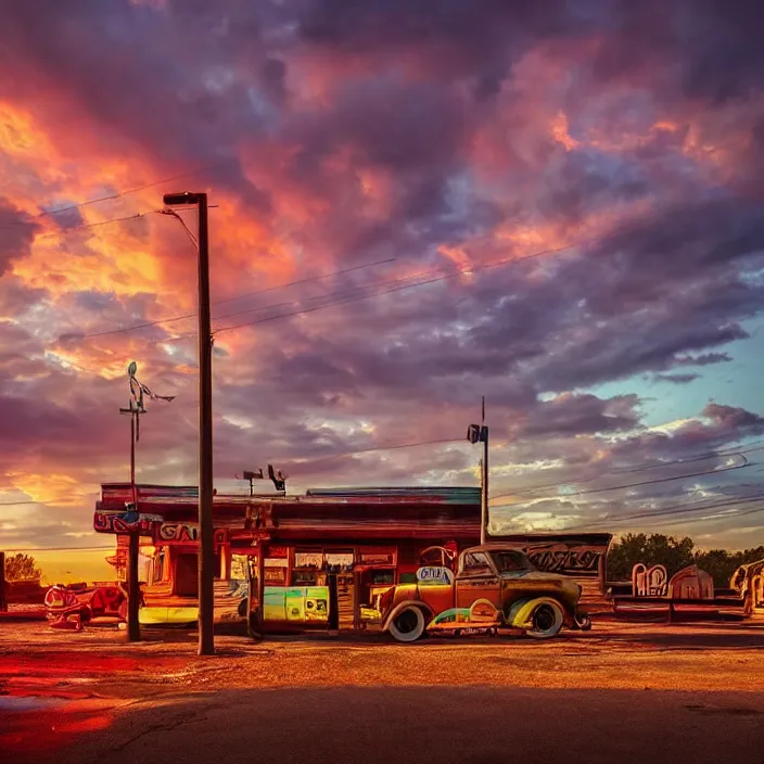 Image similar to a sunset light landscape with historical route 6 6, lots of sparkling details and sun ray ’ s, blinding backlight, smoke, volumetric lighting, colorful, octane, 3 5 mm, abandoned gas station, old rusty pickup - truck, beautiful epic colored reflections, very colorful heavenly, softlight