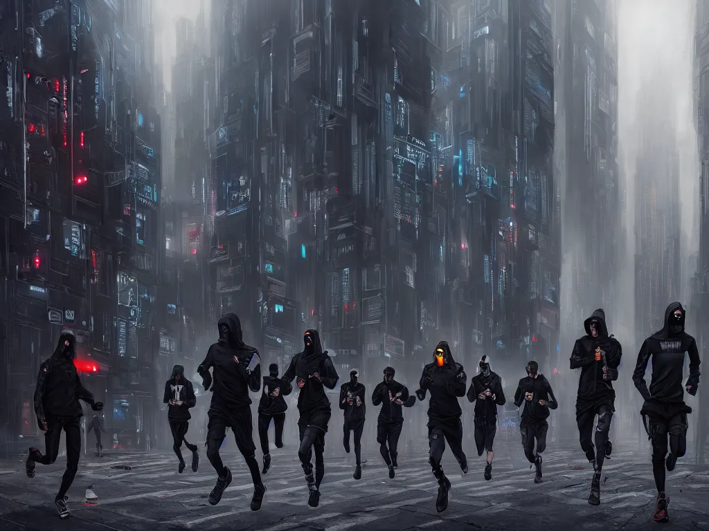 Prompt: a hyperrealistic matte painting of a group of rebellious hackers, clothed in techwear, running through the streets of a dystopian city, matte painting, intricate detail, polished, cyberpunk style, concept art, trending on artstation