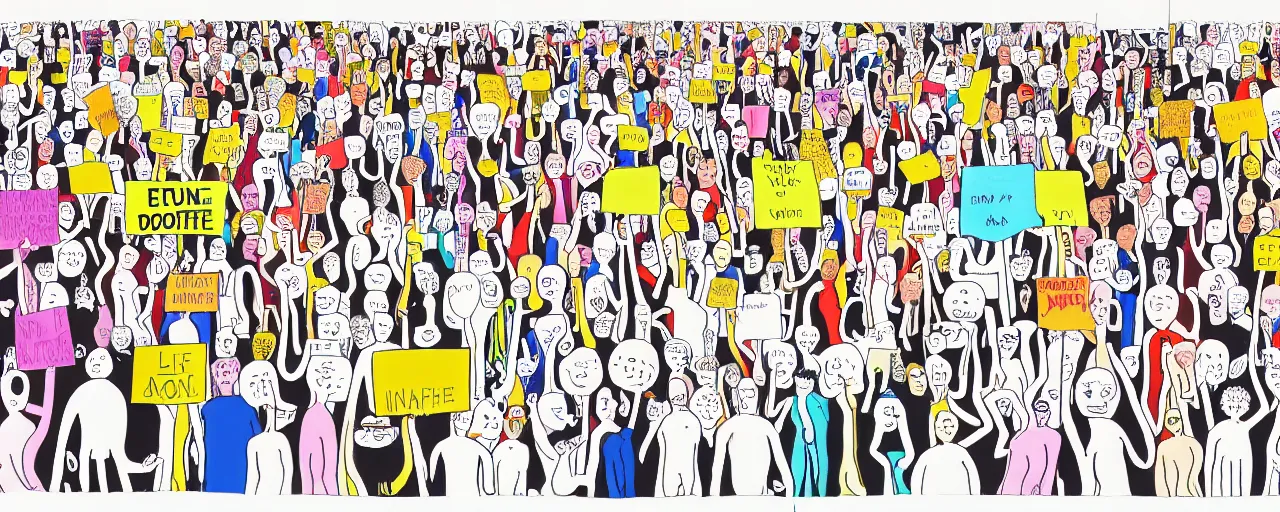 Image similar to a doodle of a crowd of very ordinary protestors with signs, front angle, by david shrigley, illustration, pen and ink, flat color, colorful drawing, facing front, anatomically correct, beautiful perfect face, sharp focus, highly detailed, cinematic lighting, 8 k, hd