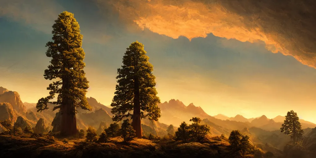 Image similar to a lonely giant sequoia in the center of a in immense valley at sunset with soft clouds and birds flying, intricate, highly detailed, soft illumination, digital painting, artstation, concept art, smooth, sharp focus, illustration, cinematic, vfx, 4 k