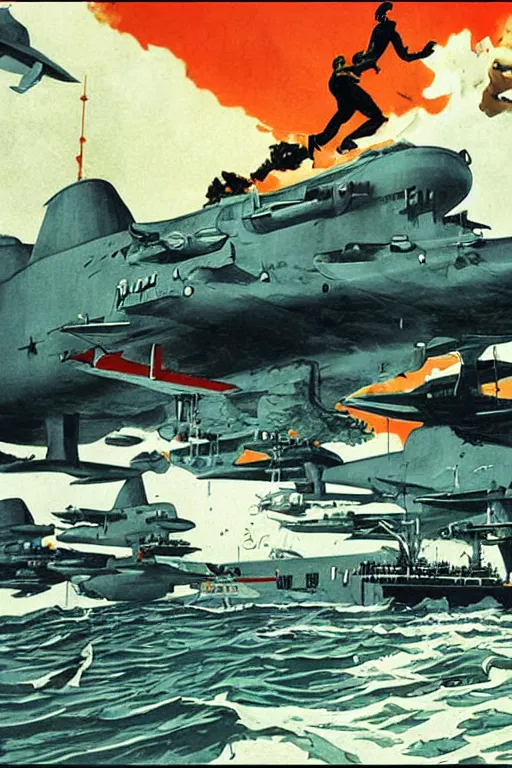 Prompt: full page illustration of tintin tearing apart an aircraft carrier, by herge, alex ross, phil hale,