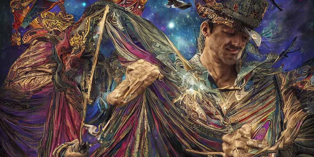 Image similar to man with flying tarot cards, cards, fantasy, digital art, highly detailed, 8 k