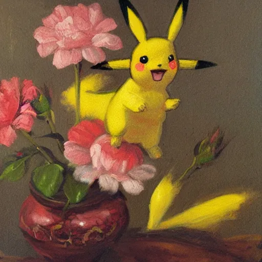 Prompt: Flowers on a bed, oil painting, 1700s, dark background, hidden pikachu