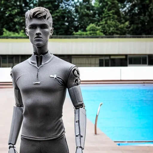 Image similar to a realistic detailed photo of a guy who is an attractive humanoid who is half robot and half humanoid, who is a male android, soccer player martin ødegaard, shiny skin, posing like a statue, blank stare, by the pool, on display, showing off his muscles, humanoid robot, frozen ice statue