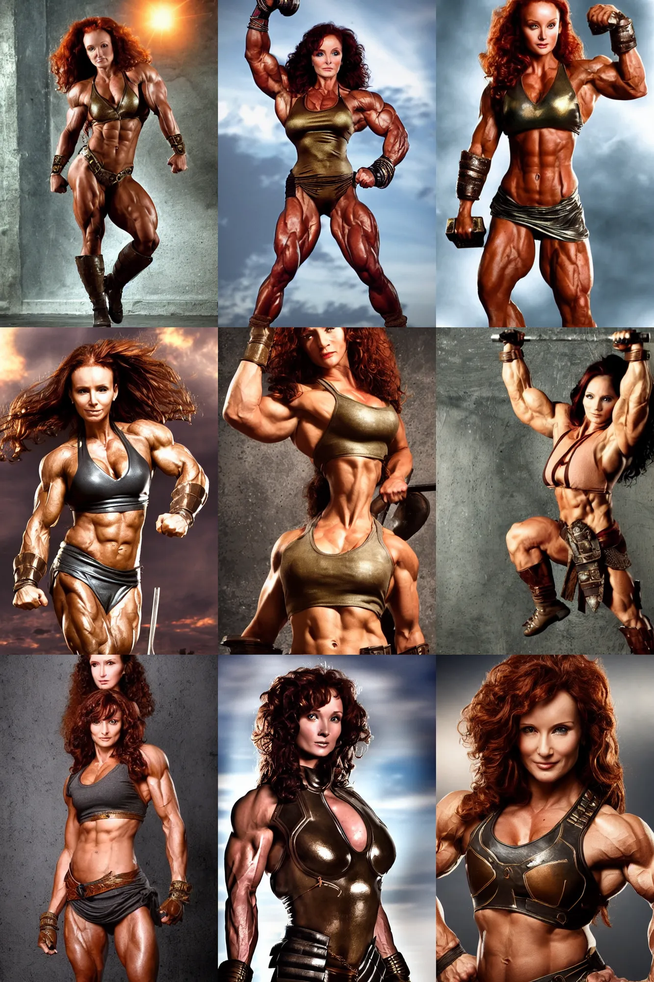 Prompt: a herculean bodybuilder amy yasbeck. smooth flat simple iron and bronze armour. rugged young woman, very beautiful. big muscles, cinematic lighting, highly detailed, dynamic action pose. bollywood action movie poster. caustic. dmt.
