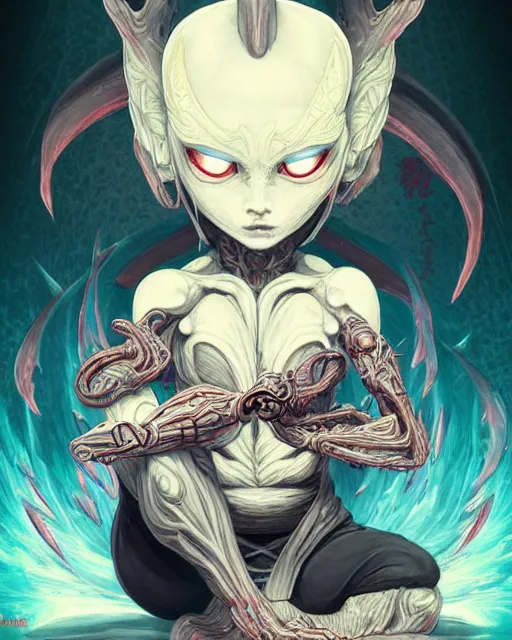 Image similar to a tiny cute demon floating while meditating and wrapped in sacred scrolls, smooth, intricate, elegant, digital painting, artstation, power runes, pulsing energy, concept art, sharp focus, octane render, illustration, art by shintaro kago and philippe druillet, overwatch character,