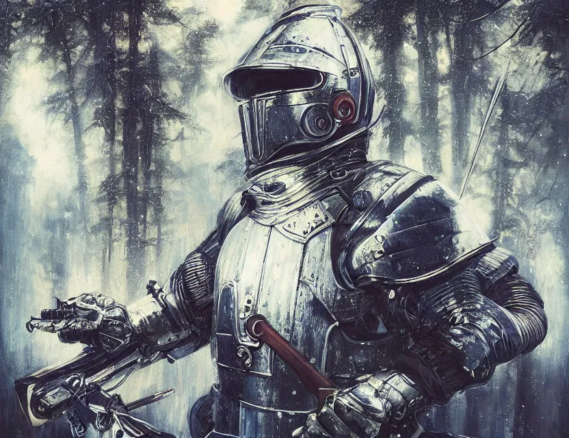 Image similar to a detailed portrait painting of a bounty hunter wearing a reflective visor, standing in a forest holding a weapon, spacecraft flies in the distance. cinematic sci-fi poster. Flight suit, cloth and metal, accurate anatomy. Samurai influence, knight influence. fencing armour. portrait symmetrical and science fiction theme with lightning, aurora lighting. clouds and stars. Futurism by moebius beksinski carl spitzweg moebius and tuomas korpi. baroque elements. baroque element. intricate artwork by caravaggio. Oil painting. Trending on artstation. 8k