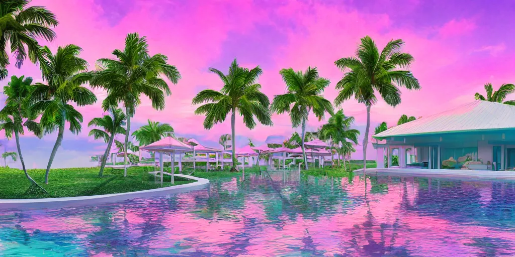 Image similar to artgem, hyperrealistic surreal virtual world of a florida keys resort with palm trees around a pool, a surreal vaporwave liminal space, pink sky, strange colors, unsettling vibe, minimalist architecture, metaverse, calming, meditative, dreamscape