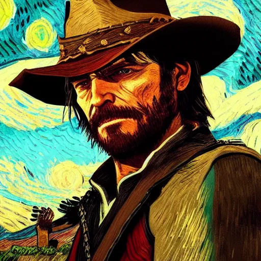 Image similar to John Marston (from Red Dead Redemption 2) in the style of Vincent Van Gogh, masterpiece digital painting, 4k wallpaper, intricate detail, beautiful, gorgeous, stunning, artstation