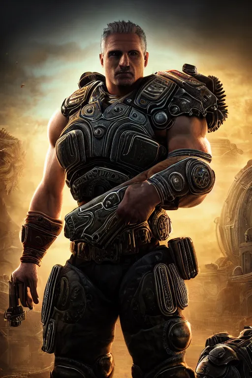 Image similar to Jordan B. Peterson as a muscular Gears of War character, photorealism, half body, HDR ambient background, unreal engine 5, hyperrealistic, highly detailed, XF IQ4, 150MP, 50mm, F1.4, ISO 200, 1/160s, cinematic lights, Adobe Lightroom, photolab, Affinity Photo, PhotoDirector 365, realistic