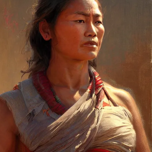 Prompt: a fit and muscular nepali woman wearing rags. highly detailed painting by gaston bussiere, craig mullins, j. c. leyendecker 8 k