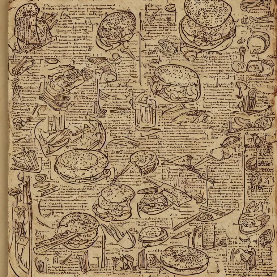 Image similar to ( ( ( ( illustrated recipe for a bigmac hamburger ) ) ) ) lot of medieval enluminures in the background explaining the recipe, schematic in a notebook