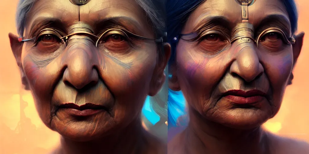 Image similar to ultra detailed face portrait of the mamatha gandhi as a cyborg, extremely detailed digital painting, in the style of fenghua zhong and ruan jia and jeremy lipking and peter mohrbacher, mystical colors, rim light, beautiful lighting, 8 k, stunning scene, raytracing, octane, trending on artstation