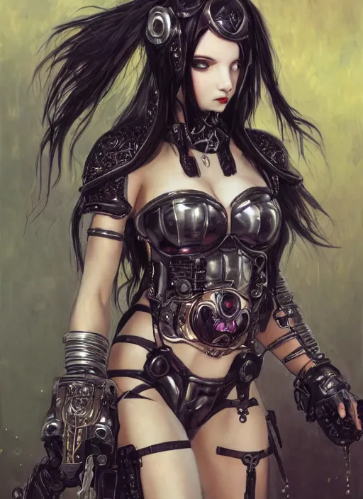 Image similar to portrait of cute beautiful young goth maiden in bikini armor, cyberpunk, Warhammer 40000, gothic, highly detailed, artstation, illustration, art by Gustav Klimt and Range Murata